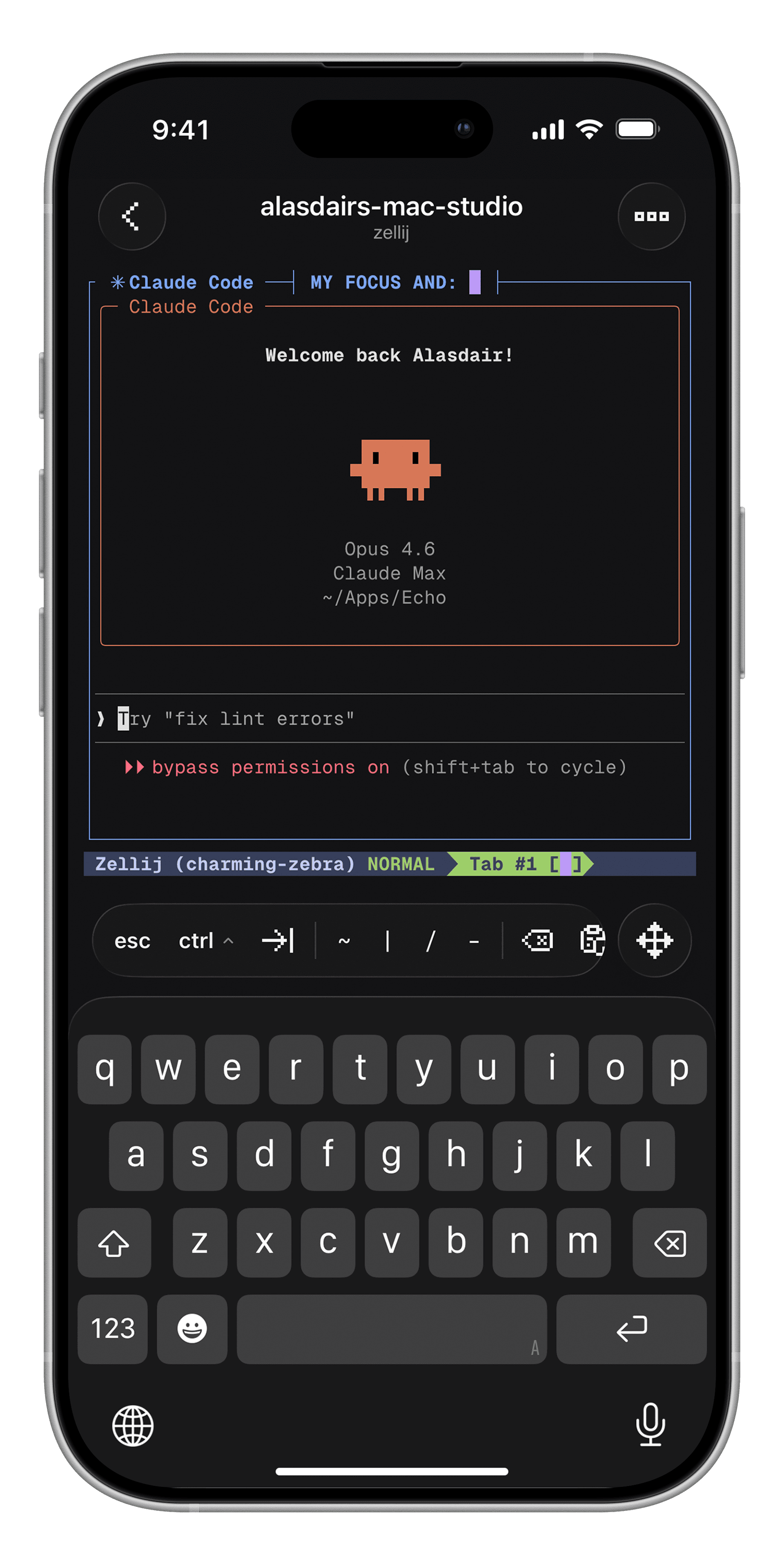 Echo on iPhone connected to a Zellij session running Claude Code